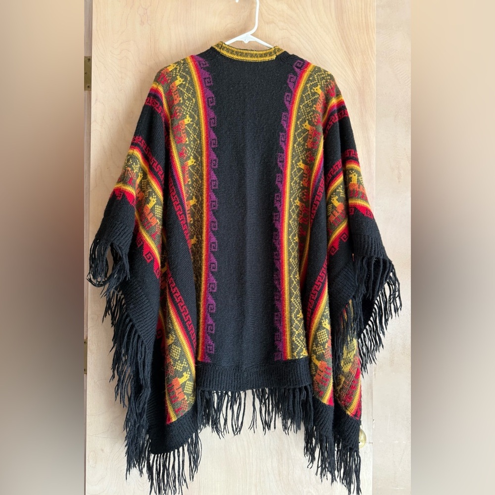 Alpaca Connection Alpaca Wool Ruana Wrap Peru Black Multicolor Unisex OS - Picture 8 of 13
